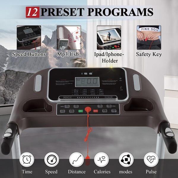 ISE Tapis de Course Pliable Electrique, Tapis de Marche Inclinable Professionnel, Tapis Course Inclinable Pliable 14KM/H, Treadmill Motorisé 2HP/Écran LCD/12P, Tapis Marche Pliable Maison/Bureau