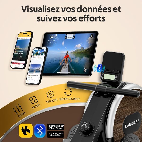 LABGREY Rameur Magnétique D'appartement, Rameur Bluetooth, Écran LCD, Rails Doubles Améliorés, Silencieux, Capacité Maximale 158 kg, Idéal pour l’Entraînement Cardio à Domicile
