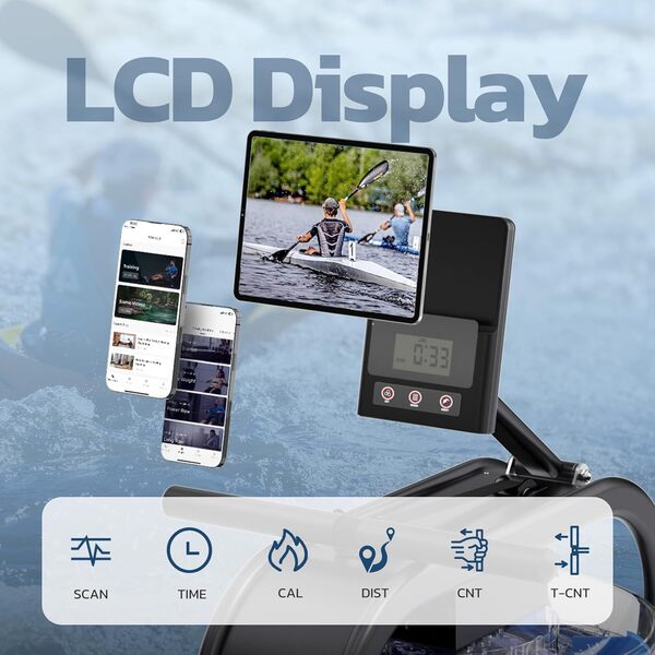 Rameur d'appartement avec Réservoir d'eau 6 Niveaux de Résistance écran LCD Multifonction Support de Tablette réglable Capacité de Poids 150KG