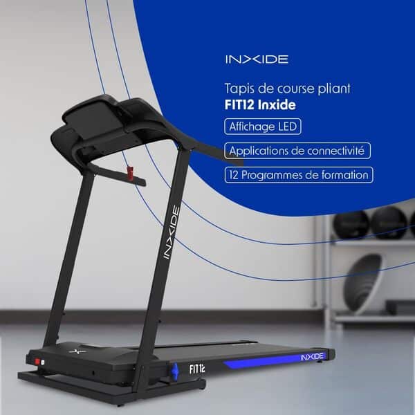 Bodytone - Tapis de Course Pliable - Connectivité Bluetooth FitShow et Zwift - 12 programmes d'entraînement - Vitesse maximale 12 km/h - Haut-parleurs MP3 et écran LED - Modèle FIT12 Inxide