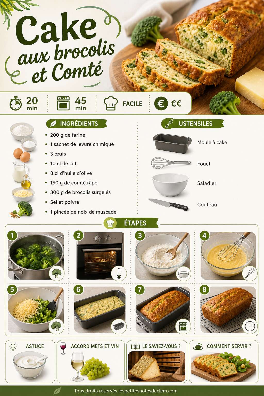Fiche recette Cake aux brocolis et Comt&eacute; : recette savoureuse et facile
