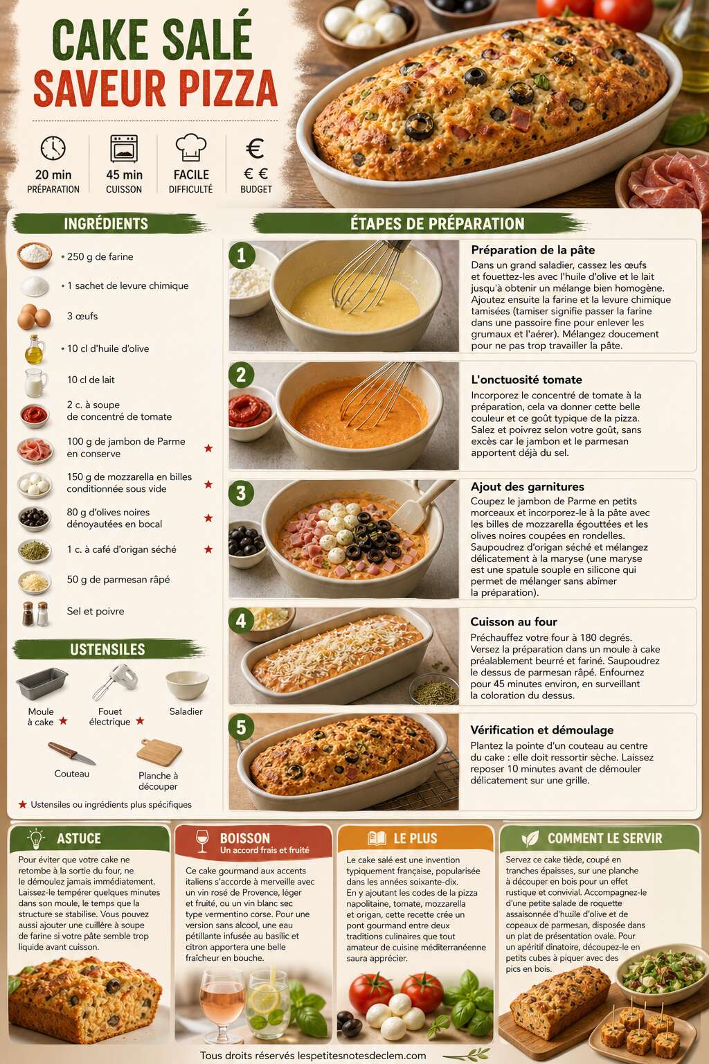 Fiche recette Cake sal&eacute; saveur pizza : recette gourmande et facile
